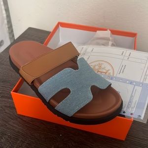 Jeans slippers. Looks like a brand.